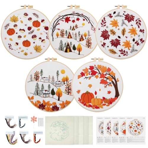 Kuabiz 5 Sets Embroidery Kits for Beginners Cross Stitch Kit for Adults Highland Cow Pattern Embroidery Starter Kit Embroiderys Hoop Needlepoint Kits with Instruction Needles Threads (Fall Leaves) - style: Fall Leaves