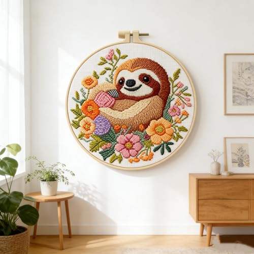 LSLFQYQSK Beginners Embroidery Kits - Small Animal DIY Cross Stitch Kits,Including,Stamped Flower Patterns,Hoop,Color Threads,Tools (Style D) - style: Style D