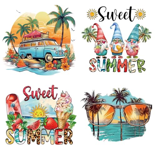 4 Packs Summer Iron on Patches for Clothing, Sweet Summer Heat Transfer Vinyl Decals Hawaiian Beach Coconut Tree Sunglasses Design DTF Transfer Ready to Press Appliques for T-Shirt Hoodie DIY Craft - color: Style I