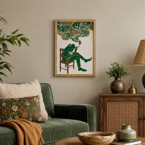 Framed Funny Smoking Frog Canvas Wall Art for Bathroom Men's Cave Decor - color: Frog Smoking, size: 16"L x 12"W
