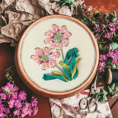 FONNUY Ribbon Embroidery 3D Flowers Pattern Design Kit Embroidery DIY Handwork Set Oval Home Decoration (Pink Crabapple) - style: Pink Crabapple