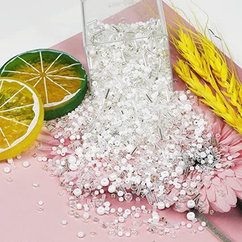 100g Mix Glass Tube Beads Bugle Beads,3800+pcs Glass Bulk Spacer Multi Size 2-6mm Kit for Jewelry Making DIY Craft Bracelets Necklace Earring Making (White Mixed) - color: White Mixed, size: 2-6mm