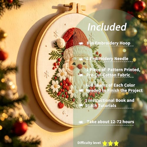 FONNUY Cute Christmas Embroidery Kit for Beginners, Festive Winter Pre-Printed Pattern & Supplies Set for Adults, DIY Handmade Needlepoint Kits Wall Art, 8'' Hoop (Santa Claus) - color: Santa Claus