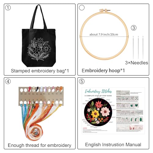 Louise Maelys Halloween Embroidery Kit Canvas Tote Bag with Flower Pattern - color: flower 1