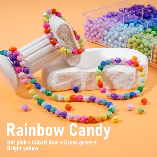 2600+pcs Faceted Beads Kit 18 Color Rainbow Opaque Plastic Beads Multicolor Loose Spacer Pony Beads Bulk Elastic String for Bracelets Necklaces Key Chains DIY Craft Jewelry Making - color: Faceted Beads