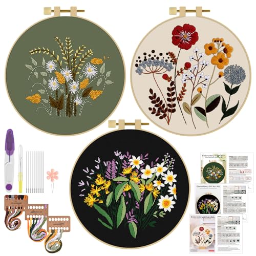 ERKOON 3 Sets Embroidery Kit, Floral Cross Stitch Set for Include Embroidery Cloth Hoops Threads for Craft Lover Hand Stitch (Plants & Flowers) - color: Plants & Flowers