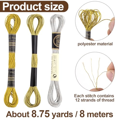 3 Skeins Metallic Embroidery Floss, Glitter Embroidery Thread String, Polyester Cross-Stitch Threads for Hand Embroidery, String Art, DIY Bracelet- Gold & Silver & Yellow - color: Gold & Silver & Yellow