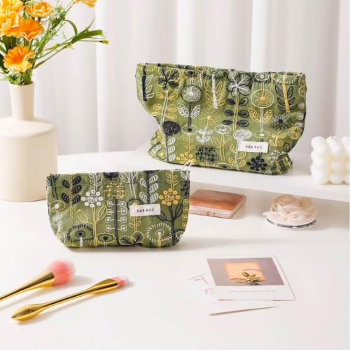 Embroidered Floral Makeup Pouch Green Linen Cosmetic Bag Zipper Purse - color: Green Streamlined Wildflower