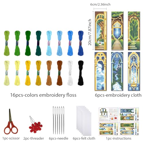 FREEBLOSS 6 Set Cross Stitch Bookmark Kits for Beginner Castle Night View Stamped Cross Stitch Kit DIY Embroidery Bookmark Kit with Instructions 8" x 2.4" - style: Arch