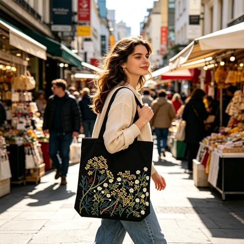 Vigdit Canvas Tote Bag Embroidery Kit for Beginners, Needlepoint Cross Stitch Kit for Adult Beginner, DIY Reusable Grocery Bags Embroidery Starter Kit with Stamped Floral Tools & Instructions - color: Flower5