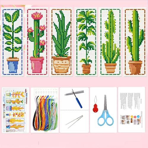 Zhenqing Cactus Stamped Cross Stitch Bookmark Kit, 6 Botanical Plant Designs on 11CT Fabric for Beginners, Book Lover Gift - color: Cactus Botanical Bookmark
