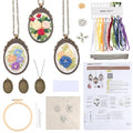 SUNNYCLUE DIY 3 Sets Embroidery Necklace Kits Embroidery Necklace Pendant Trays with Paper Instructions Flower Mini Cross Stitch Kit for Jewelry Making Supplies Adult Beginners Starter Handmade Gifts - style: Flower 2