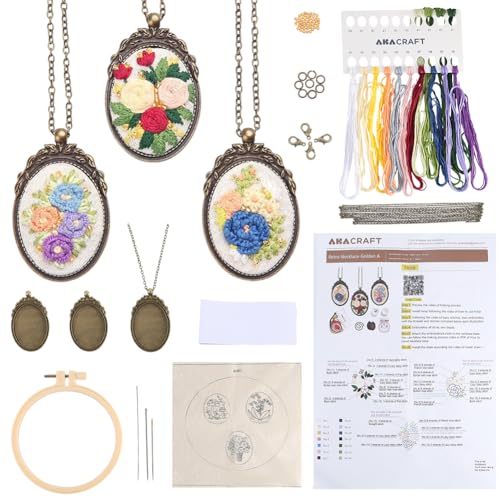 SUNNYCLUE DIY 3 Sets Embroidery Necklace Kits Embroidery Necklace Pendant Trays with Paper Instructions Flower Mini Cross Stitch Kit for Jewelry Making Supplies Adult Beginners Starter Handmade Gifts - style: Flower 2