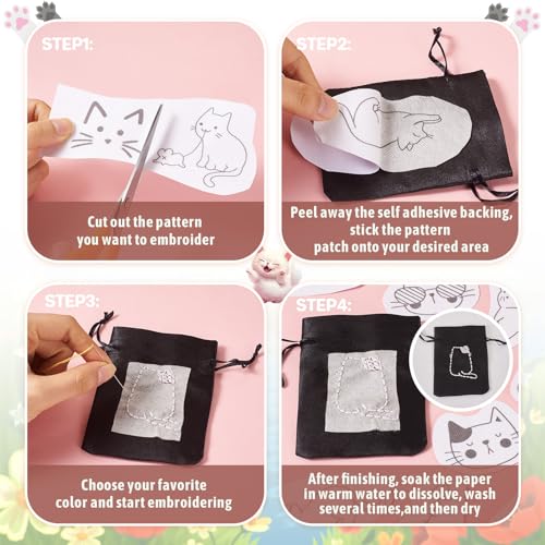 Magibeads 57 Patterns Cat Water Soluble Embroidery Patterns Kitten Paw Print Cartoon Animal Pet Stick and Stitch Transfer Embroidery Paper for Hand Sewing Beginners Starter Adult - color: Cat