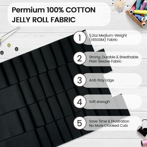 Craftido-20 Options-100% Cotton Jelly Roll Fabric Precut Strips for Quilting, Crafting, and Sewing, 40 Strips 2.5" x 44" Assorted Bundles for Rug, Quilt Project, DIY Craft and Home Decor-40 Black - color: 40 Black