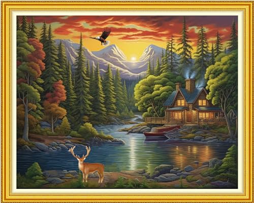 Funxvoot Stamped Cross Stitch Kits Beginners Full Range of Embroidery Kits for Adults 11CT Embroidery Patterns Needlepoint Kits Printed Cross Stitch Kits-Cabin in The Woods 16x20 inch - color: Craftsstyle15