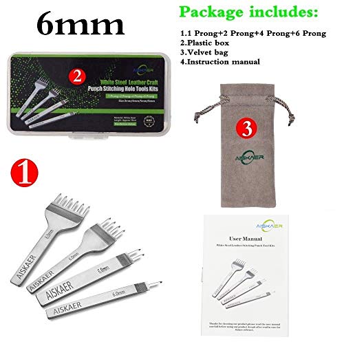 Aiskaer Leather Stitching Punch Set, Diamond Chisel Tools, 6mm White Steel 1/2/4/6 Prong for Leather Craft DIY - size: 6mm