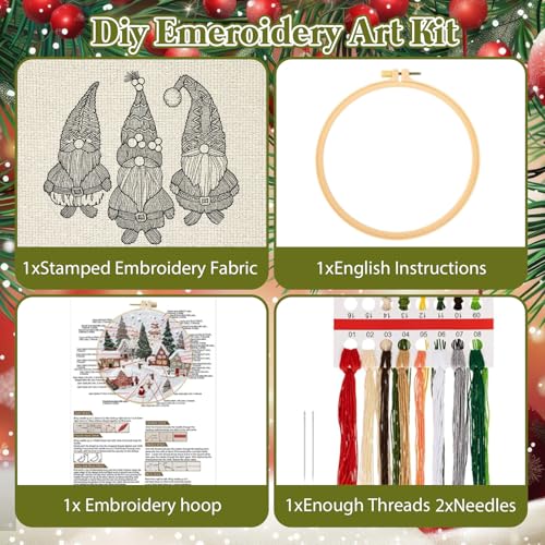RUIQLXHANG Christmas Embroidery Kit - Christmas Gnomes Embroidery Kits for Beginners with Pattern, Cotton Threads, Needles, Instruction, 20cm Hoop, Gift for Mom, Grandma - color: Christmas Gnomes