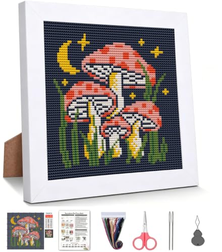 Mushroom Stamped Cross Stitch Kits for Beginners Adults with Framed - color: DKJ015