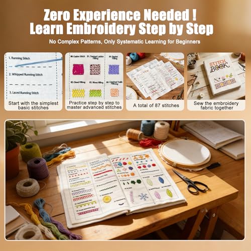 Embroidery Kit for Beginners, 87 Stitches Easy to Advanced, Step by Step Video Guides, DIY Embroidery Stitch Book, All in One Tool Set, Suitable for novices and Craft Enthusiasts