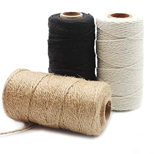 Anvin Cotton Twine - Natural Jute Packing & Wrapping Twines (Black, White) - 984 Feet, 10 Ply, 2mm Thick - Ideal for Bakers, Butchers, Arts & Crafts, Gardening - Pack of 3 - color: Black & White & Jute