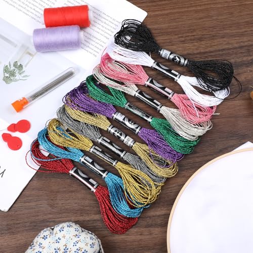 11 Skeins Embroidery Floss, Metallic Embroidery Thread 12 Strands Glitter Embroiderys Thread 8M Colorful Embroideries Floss with 5 Size Needles and 1 Threader for Hand Embroideries String DIY Art