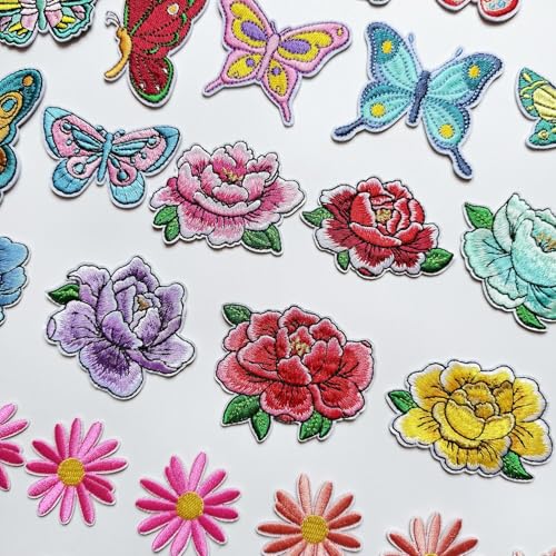 39Pcs Embroidered Iron On Patches, Butterfly Peony Daisy Iron on Patches Set, Colorful Applique Patches for Clothes Jackets Jeans Backpacks - color: Butterfly Peony Daisy