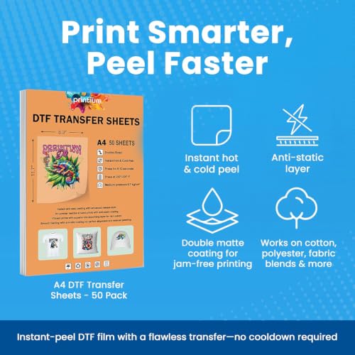 DTF Transfer Film Sheets A4 (8.3 x 11.7 inch) | Full Set (Pack of 8) | Hot & Cold Instant Peeling | Double Matte Anti-Static | Heat Press Paper | ET8550 L1800 XP15000 XP600 R1390 I3200 TX800 - size: Premium&Premium+ 50/100 Sheets - 8Pack