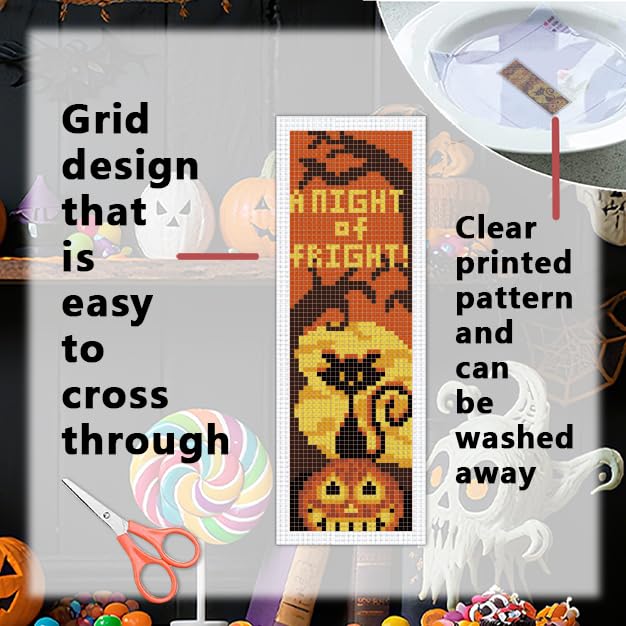 INFUNLY Halloween Cross Stitch Bookmarks Kit Evil Pumpkin Handmade Cross Stitch Bookmarks Skeleton Ghost Embroidery Bookmark Trick or Treat DIY Cross Stitch Set with Instruction for Adults Book Lover - style: 6PCS Halloween