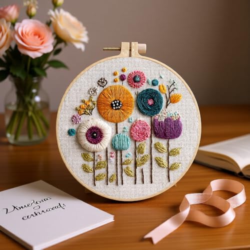 Embroidery Kit for Beginners & Adults Starter Kit, Cross Stitch Kits,DIY Hand Embroidery Needlepoint Set with Hoop, Pre-Printed Fabric, Threads and Instructions (Flower-3) - color: Flower-3