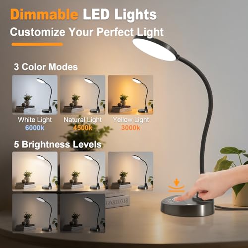15W LED Desk Lamp with USB Charging Ports, [Button & Remote Control] Dimmable Table Lamp with 3 Color Modes, 5 Brightness Levels, 4 Timers, Flexible Reading Light for Home Office, Bedroom, Kids Study - color: Black, size: 4.7'' Lamp with Remote