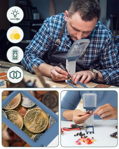15X Magnifying Glass with Light and Stand, Rechargeable Folding Handheld Real Glass Magnifier, 3 Color Modes Dimmable Lighted Page Magnifying Sheet for Seniors Low Vision Small Prints - Blue White - color: Blue-white