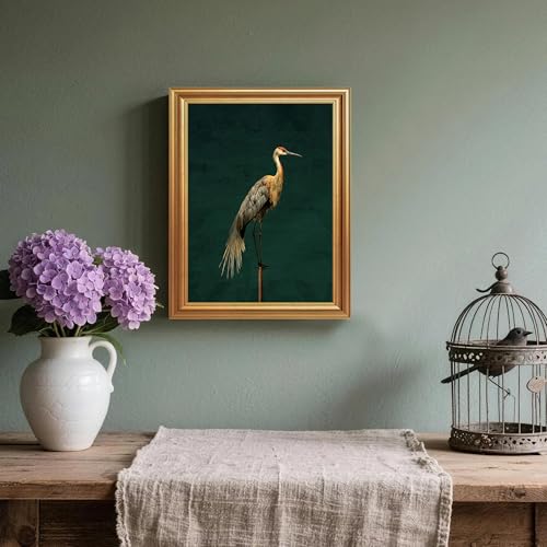 Wojuin Vintage Crane Canvas Framed Wall Art Dark Green Background 8x10 in - color: Crane, size: 10"L x 8"W