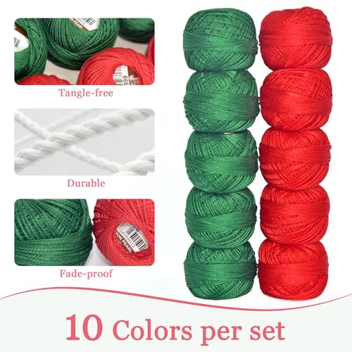 Double Mercerized Egyptian Long Staple Cotton Pearl Thread Ball 10 Grams Rainbow Color Embroidery Thread 10 Colors per Box for Crochet Hardanger Cross Stitch Hand Embroidery,red Green - color: classic color