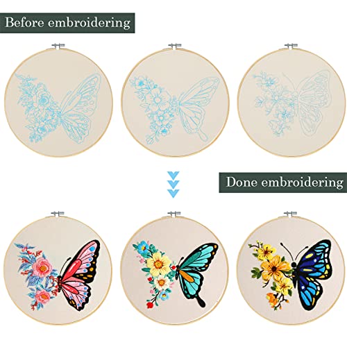 Santune 3 Pack Embroidery Kit for Beginners Adults Cross Stitch Kits with Butterfly Patterns and Instructions,DIY Hand Crafts with 1 Hoop,Threads and 6 Needles - color: Butterfly Series