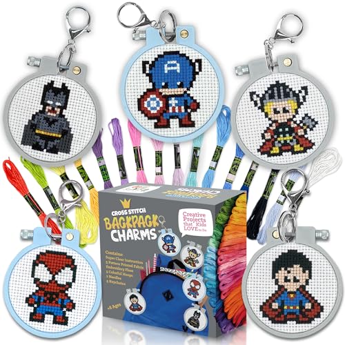 Superhero Cross Stitch Kit for Kids - 5 Stamped Beginner Projects - color: Superhero