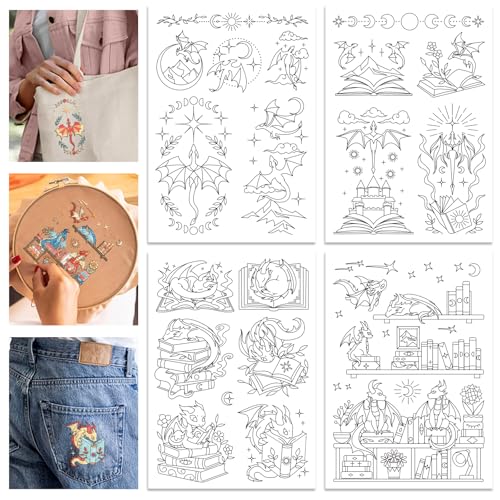 GLOBLELAND 4 Sheets Dragon Books Water Soluble Embroidery Pattern - color: Dragon Book