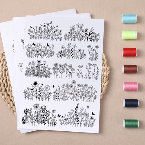 Water Soluble Embroidery Patterns Stabilizers, 3 Sheets 50 Pcs Floral Stick and Stitch Embroidery Papers Wash Away, Pre-Printed Boho Floral Pattern Transfers for Hand Sewing Lovers Beginners - size: Boho Floral