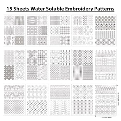 TWINKLEMON 15 Sheets Water Soluble Sashiko Embroidery Pattern Stabilizers - color: White & Black - Style 2