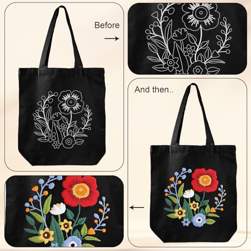 Louise Maelys Embroidery Kit Canvas Tote Bag with Floral Pattern DIY Crafts - color: flower 2