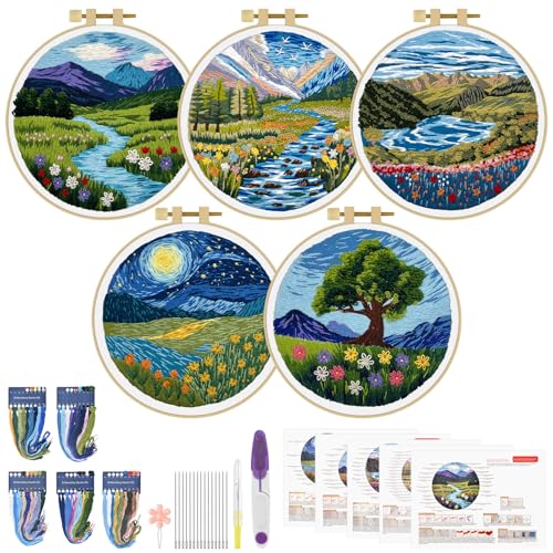 ERKOON 5 Sets Embroidery Kit for Beginners Adult Landscapes Cross Stitch - color: Landscapes