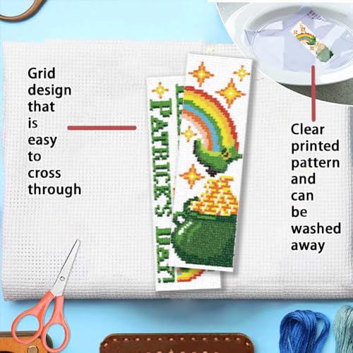 FREEBLOSS 6 Set Cross Stitch Bookmark Kit 11 CT Stamped Cross Stitch Kit DIY Embroidery Bookmark Kits for Adult Beginners with Instructions, St. Patrick's Day, 6 x 20 cm/8" x 2.4" - style: Saint Paul pattern