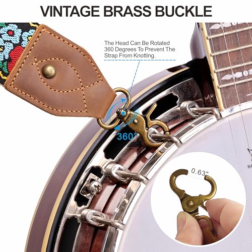 Nefelibata Banjo Strap,2"Wide Double Crazy Horse Leather Jacquard Embroidery Strap Adjustable Replacement,Multi-pattern Strap With Metal Clips - color: A#-flower Embroidery