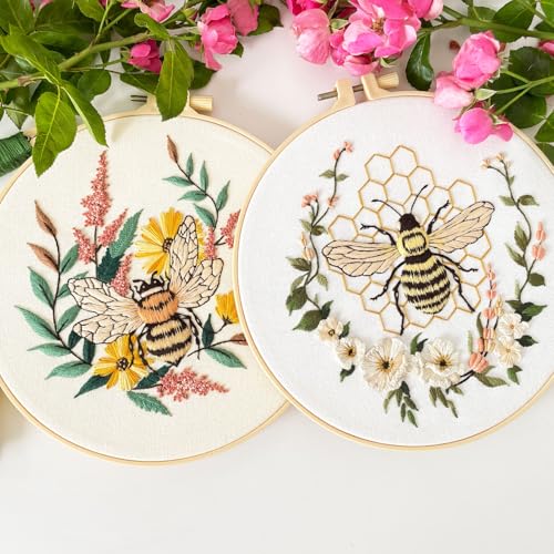 Myfelicity Embroidery kit for Adults, 3-Piece Bee and Butterfly Floral Designs, Including Tools Handmade Embroidery Hoop Art Set (Yellow)