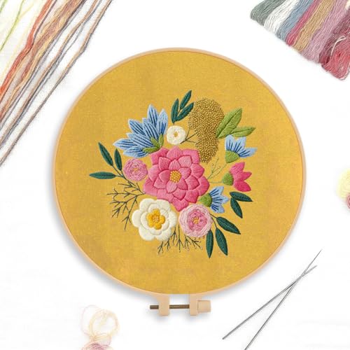 CREAWONDER Canvas Tote Bag Embroidery Kit with Pattern for Beginners, Arts and DIY Embroidery Crafts Kits for Adults, Include Instructions, Embroidery Hoops, Color Threads and Tool - color: CR002 qingqingziyan yellow