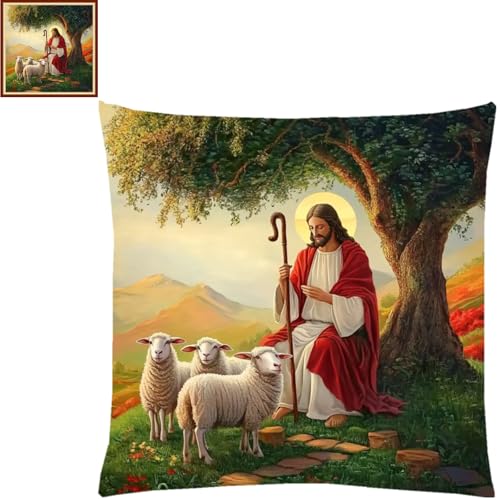 Fanxvivy Stamped Cross Stitch Kits for Adults Beginners Pillow Needlepoint Kit with Embroidery Pattern Needlework Kit Prestamped Stitches Kit 11CT Cross Stitching-Jesus Shepherd 18x18 inch - color: Pre-pattern 39