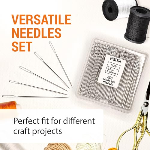 VONEEDL 250 Large Eye Sharp Needles - Easy to Thread Needles in Convenient Storage Box - Bulk Set of 2 inch Big Eye Embroidery Needles, Perfect for Hand Sewing, Crafting, Darning, Quilting (Pack of 3) - size: 250 Needles (Pack of 3)