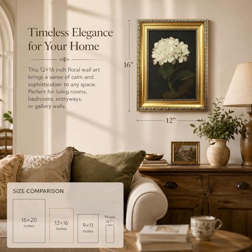Gold Framed White Hydrangea Flower Wall Art,Vintage Floral Canvas Painting - color: Hydrangea Gold Framed, size: 24"L x 16"W