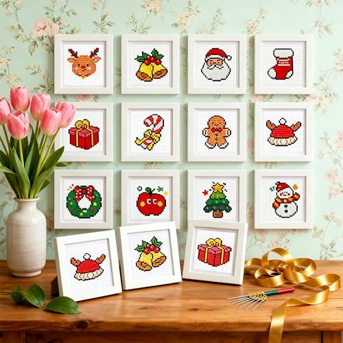 Zhenqing 12 Mini Christmas Stamped Cross Stitch Kit for Beginners, 11CT Printed Fabric with Santa Reindeer Snowman Tree Gift Bell Designs, DIY Holiday Craft Set with Pre-Cut Floss, Needles and Guide