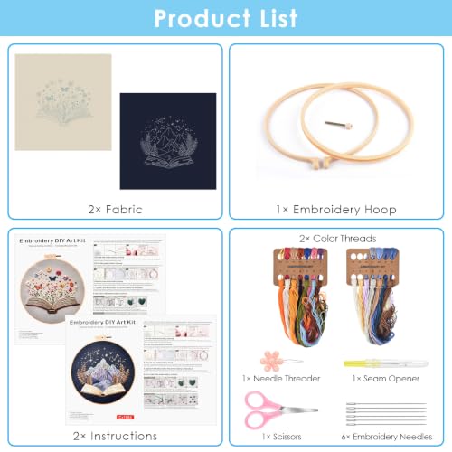 ERKOON Embroidery Kit for Beginners, 2 Set Floral Cross Stitch Set Include Embroidery Cloth Hoops Threads for Craft Lover Hand Stitch with Embroidery Skill Techniques (Book) - color: Book